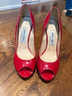 Jimmy Choo Red Patent Peep-Toe Pumps with Sleek Silhouette